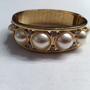 Vintage Chunky Gold Tone Rhinestone & Faux Pearl Statement Clamper Bracelet